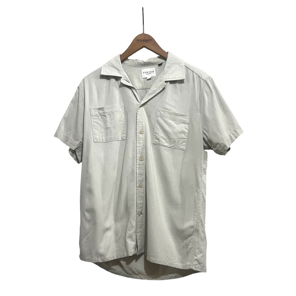 Five Four Clifford Mens Medium Taupe Linen Cotton Short Sleeve Button Up Shirt